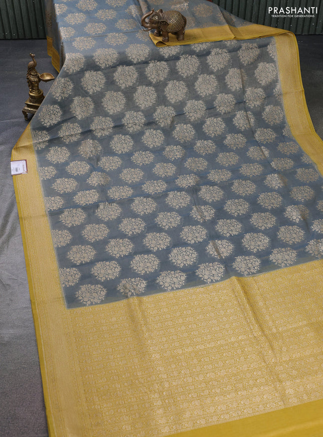 Banarasi tissue silk cotton saree grey and mustard yellow with allover thread & zari woven butta weaves and woven border