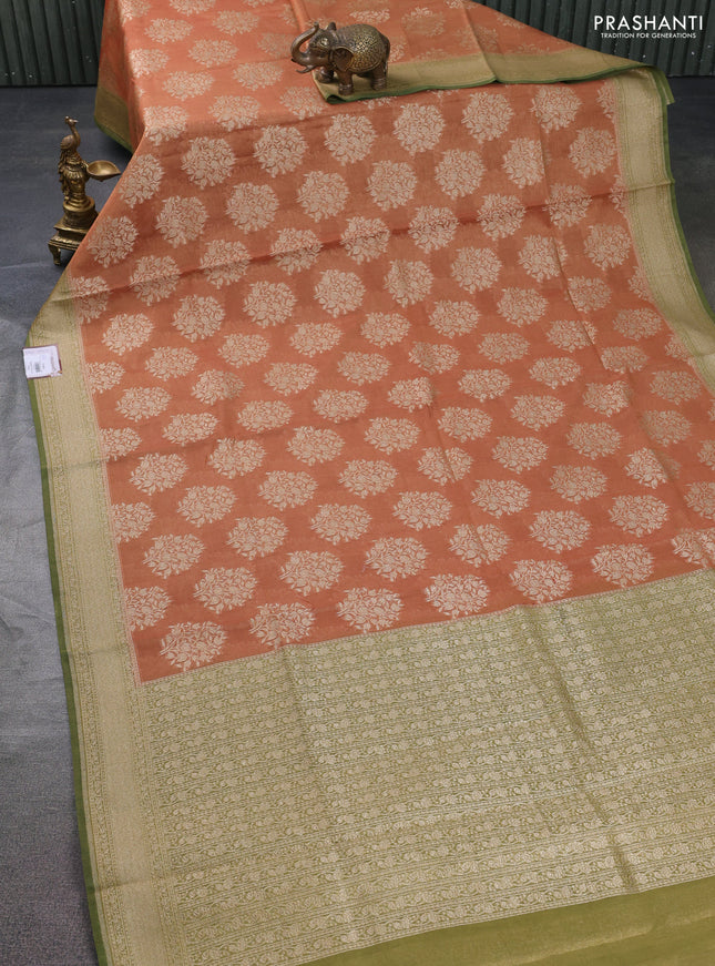 Banarasi tissue silk cotton saree rust shade and sap green with allover thread & zari woven butta weaves and woven border