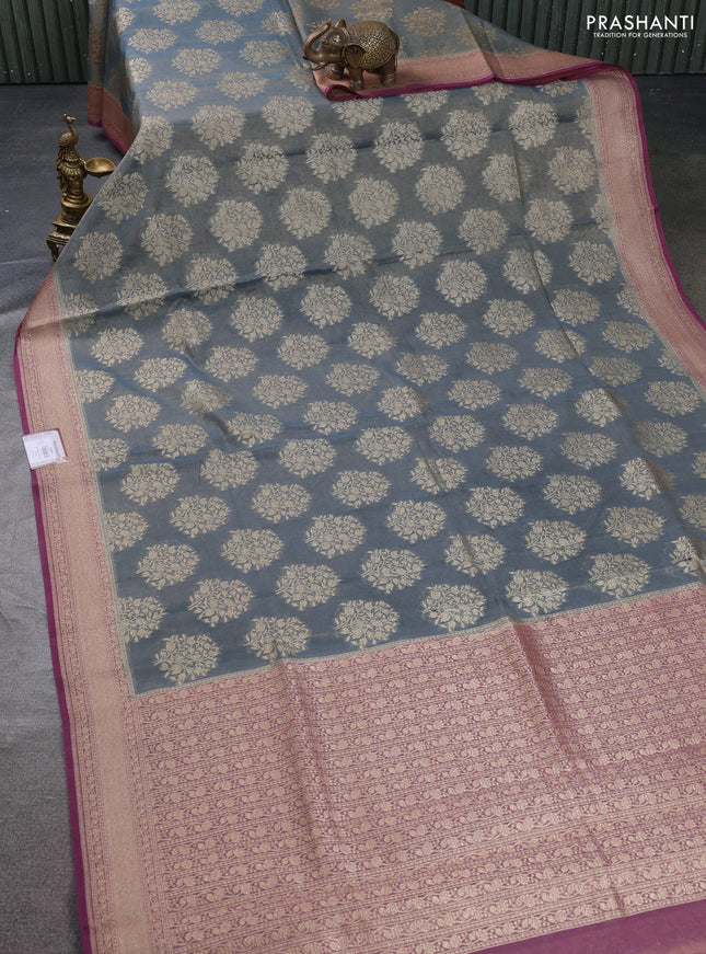 Banarasi tissue silk cotton saree grey and wine shade with allover thread & zari woven butta weaves and woven border
