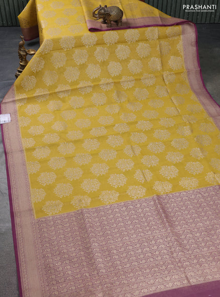 Banarasi tissue silk cotton saree mustard yellow and mauve pink with allover thread & zari woven butta weaves and woven border