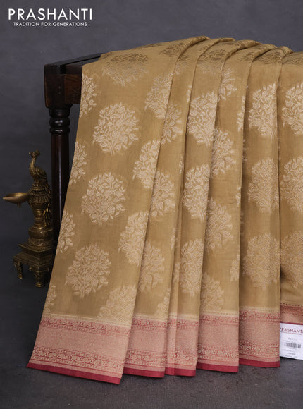 Banarasi tissue silk cotton saree sandal and pastel maroon with allover thread & zari woven butta weaves and woven border