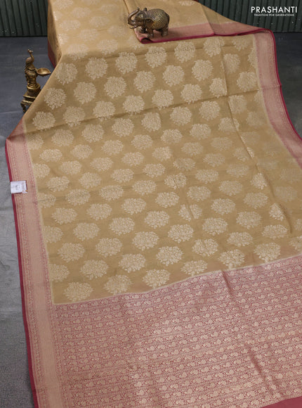 Banarasi tissue silk cotton saree sandal and pastel maroon with allover thread & zari woven butta weaves and woven border