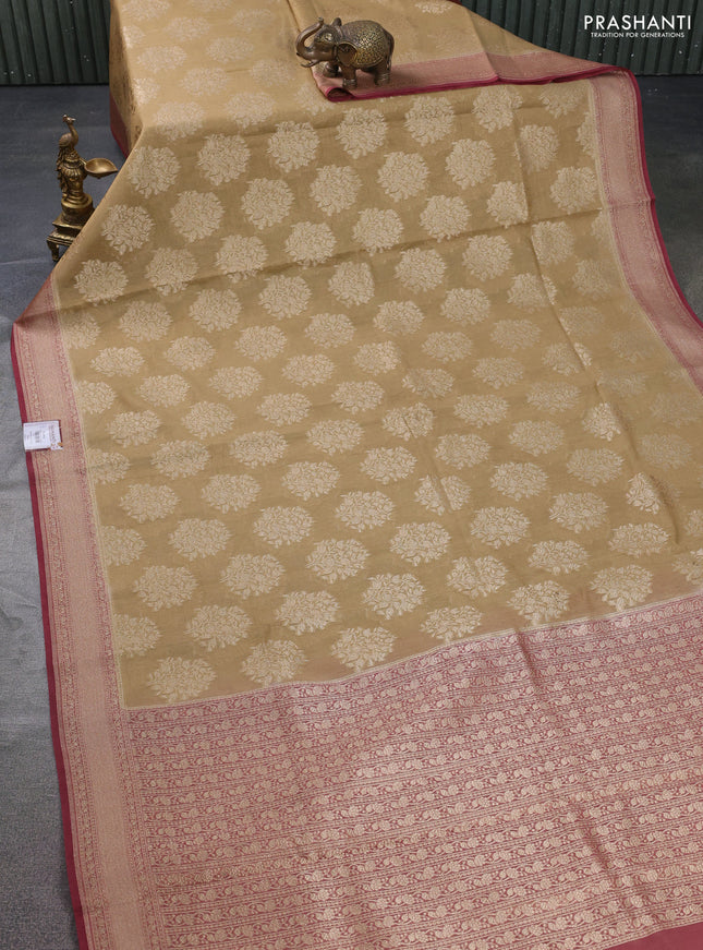 Banarasi tissue silk cotton saree sandal and pastel maroon with allover thread & zari woven butta weaves and woven border
