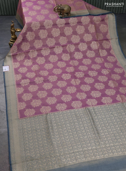 Banarasi tissue silk cotton saree pastel purple and peacock blue with allover thread & zari woven butta weaves and woven border