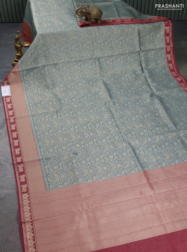Banarasi silk cotton saree pastel blue and maroon shade with allover zari woven brocade weaves and woven border