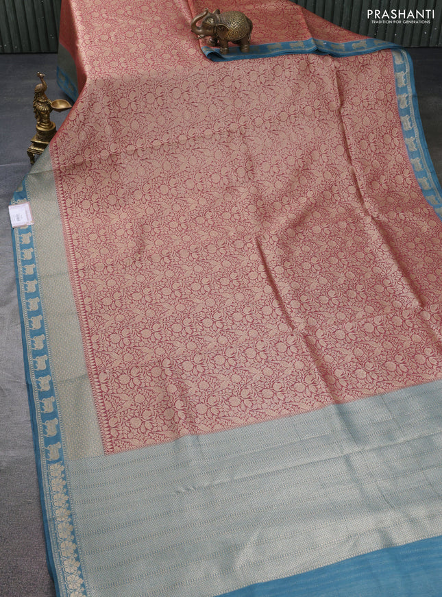 Banarasi silk cotton saree pastel maroon and pastel blue with allover zari woven brocade weaves and woven border
