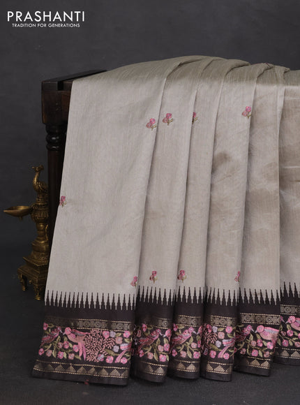 Semi tussar saree grey and black with embroidery work buttas and temple design embroidery border
