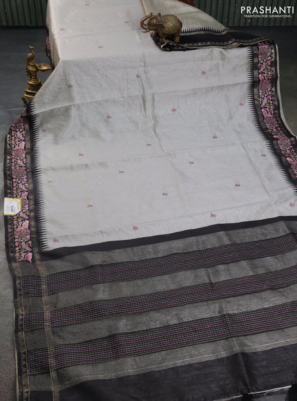 Semi tussar saree grey and black with embroidery work buttas and temple design embroidery border