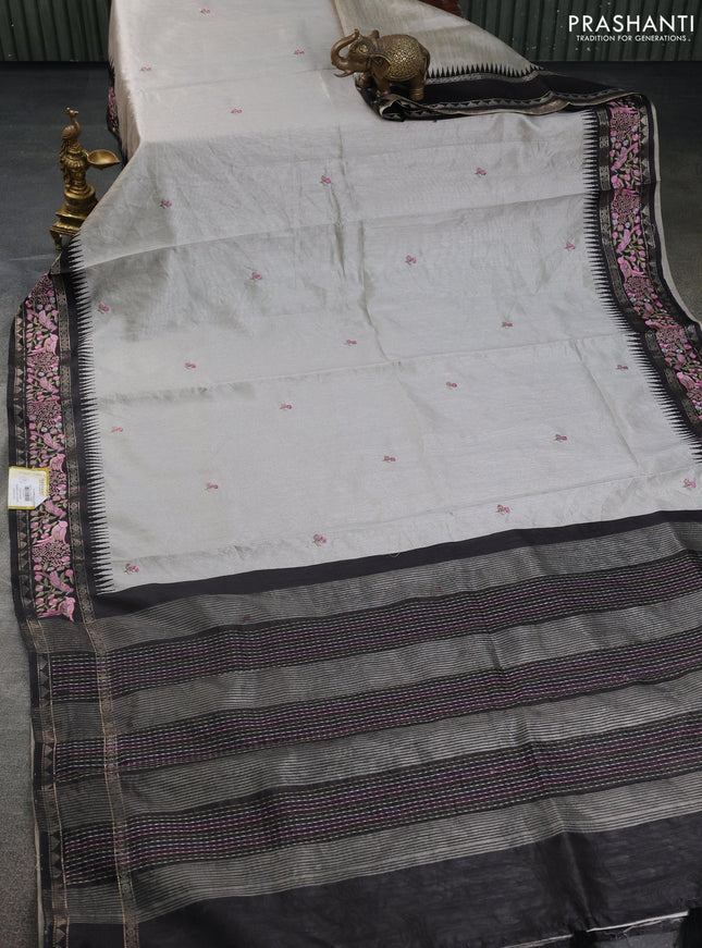Semi tussar saree grey and black with embroidery work buttas and temple design embroidery border