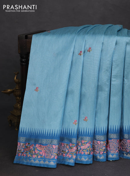 Semi tussar saree pastel blue and cs blue with embroidery work buttas and temple design embroidery border