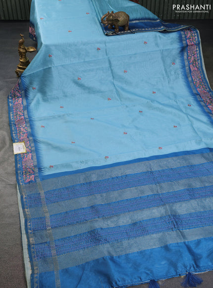 Semi tussar saree pastel blue and cs blue with embroidery work buttas and temple design embroidery border