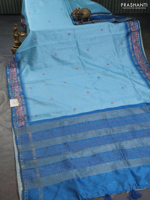 Semi tussar saree pastel blue and cs blue with embroidery work buttas and temple design embroidery border