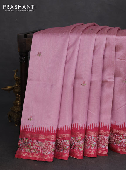 Semi tussar saree pastel pink and maroon with embroidery work buttas and temple design embroidery border