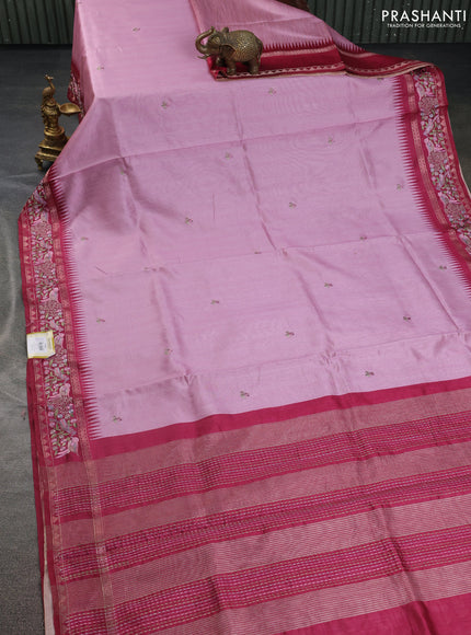 Semi tussar saree pastel pink and maroon with embroidery work buttas and temple design embroidery border