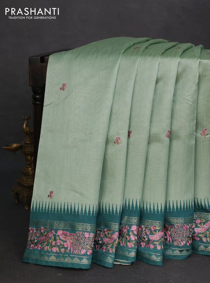 Semi tussar saree pastel green and teal green with embroidery work buttas and temple design embroidery border