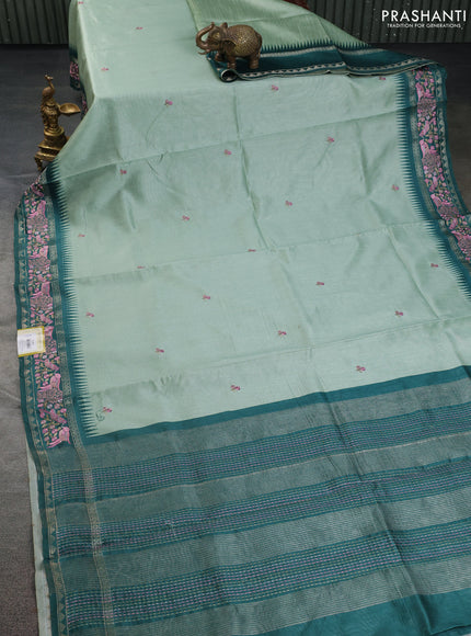 Semi tussar saree pastel green and teal green with embroidery work buttas and temple design embroidery border