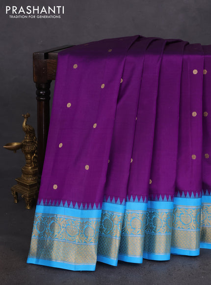 Pure gadwal silk saree deep purple and cs blue with zari woven buttas and temple design zari woven border