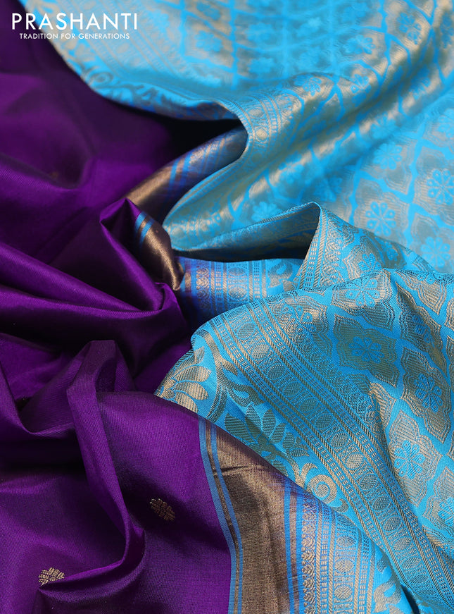 Pure gadwal silk saree deep purple and cs blue with zari woven buttas and temple design zari woven border