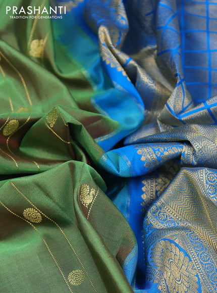 Pure gadwal silk saree green shade and cs blue with zari woven buttas and rettapet annam zari woven border
