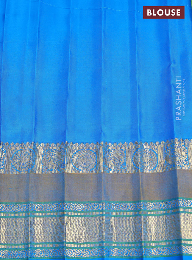 Pure gadwal silk saree green shade and cs blue with zari woven buttas and rettapet annam zari woven border