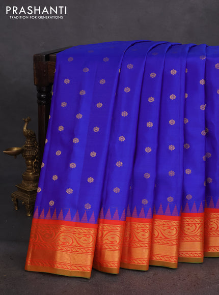Pure gadwal silk saree blue and orange with zari woven buttas and temple design zari woven border
