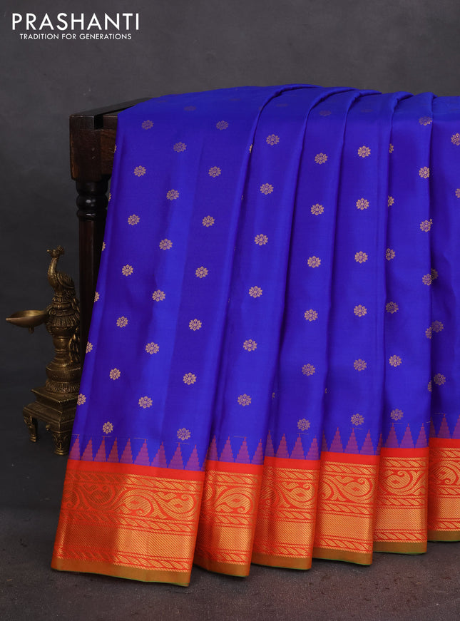 Pure gadwal silk saree blue and orange with zari woven buttas and temple design zari woven border