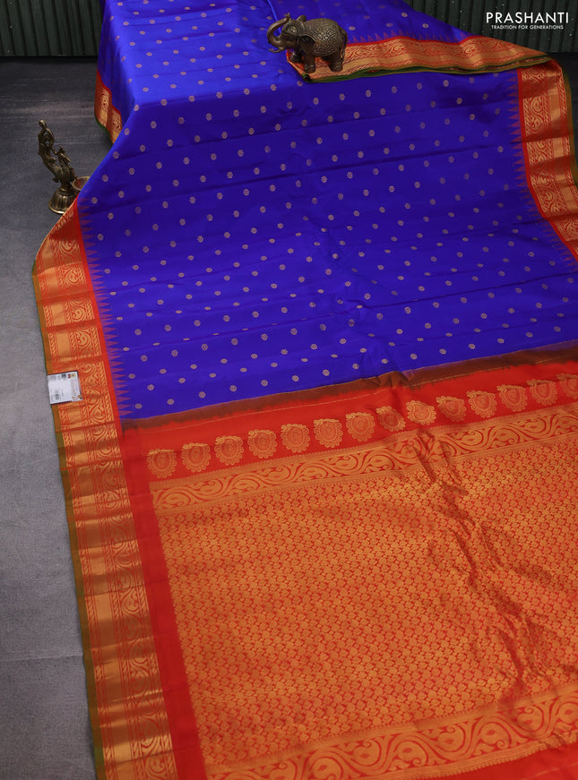 Pure gadwal silk saree blue and orange with zari woven buttas and temple design zari woven border