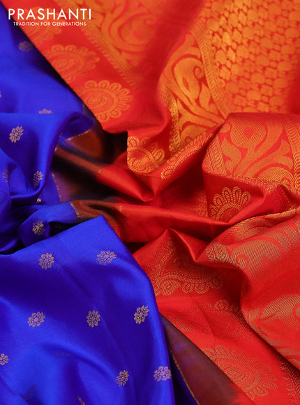 Pure gadwal silk saree blue and orange with zari woven buttas and temple design zari woven border