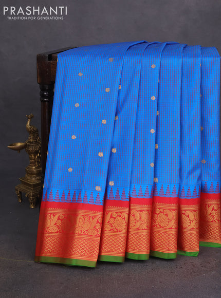 Pure gadwal silk saree cs blue and red with allover small checks & zari buttas and temple design zari woven border