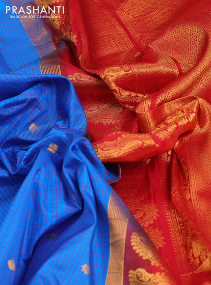 Pure gadwal silk saree cs blue and red with allover small checks & zari buttas and temple design zari woven border