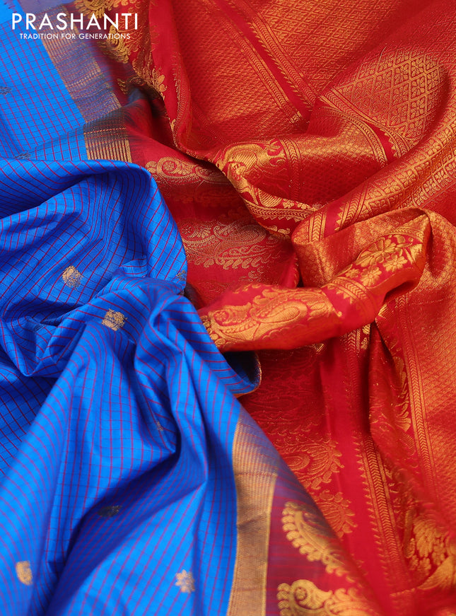 Pure gadwal silk saree cs blue and red with allover small checks & zari buttas and temple design zari woven border