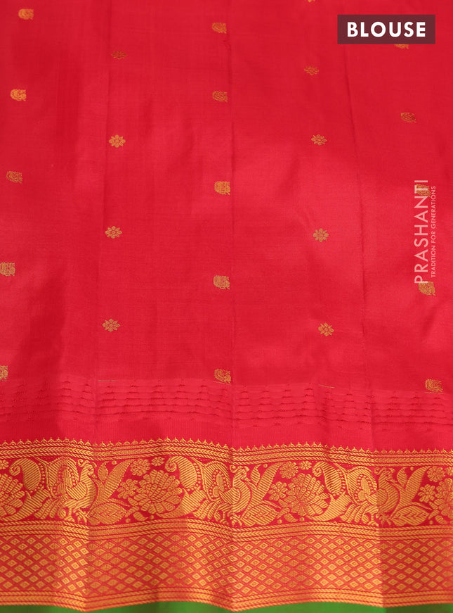 Pure gadwal silk saree cs blue and red with allover small checks & zari buttas and temple design zari woven border