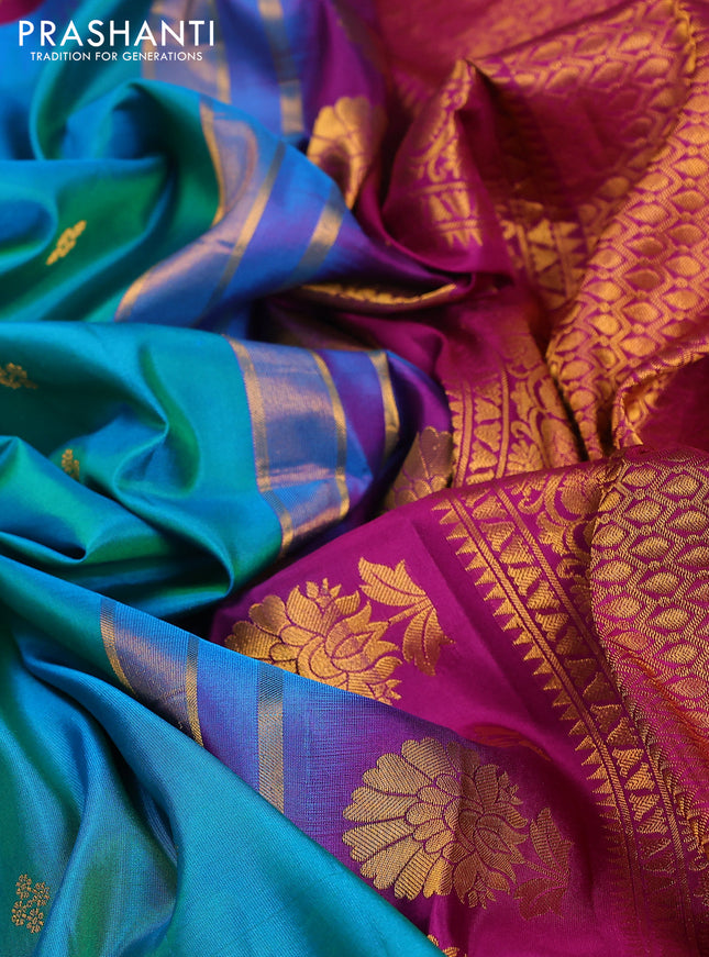 Pure gadwal silk saree dual shade of teal blue and purple with zari woven buttas and temple design zari woven border