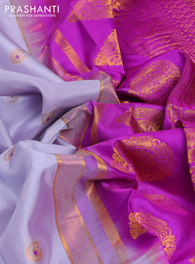 Pure gadwal silk saree bluish grey and purple with annam zari woven buttas and temple design zari woven border