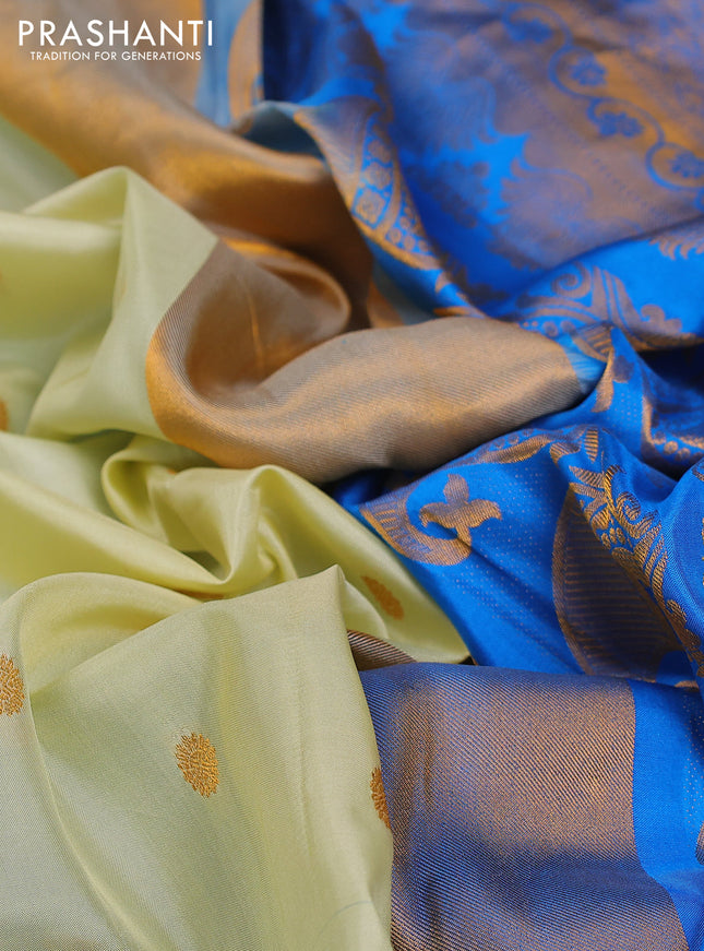 Pure gadwal silk saree pista green and cs blue with zari woven buttas and long zari woven border