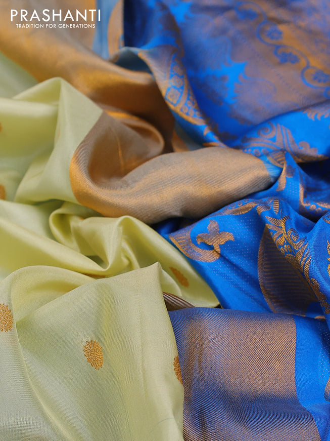 Pure gadwal silk saree pista green and cs blue with zari woven buttas and long zari woven border