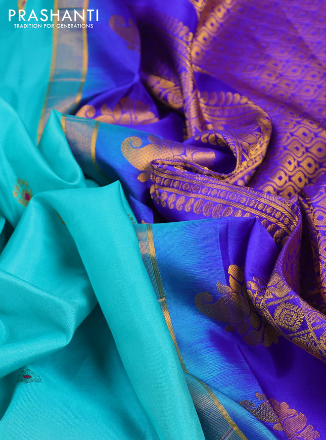 Pure gadwal silk saree teal blue and blue with zari woven buttas and temple design zari woven border