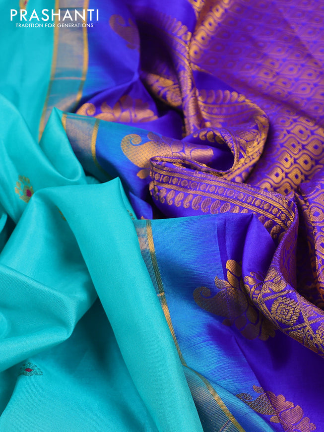 Pure gadwal silk saree teal blue and blue with zari woven buttas and temple design zari woven border