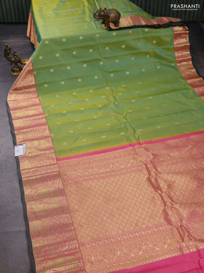 Pure gadwal silk saree light green and peach pink with allover small checked pattern & zari buttas and annam zari woven border
