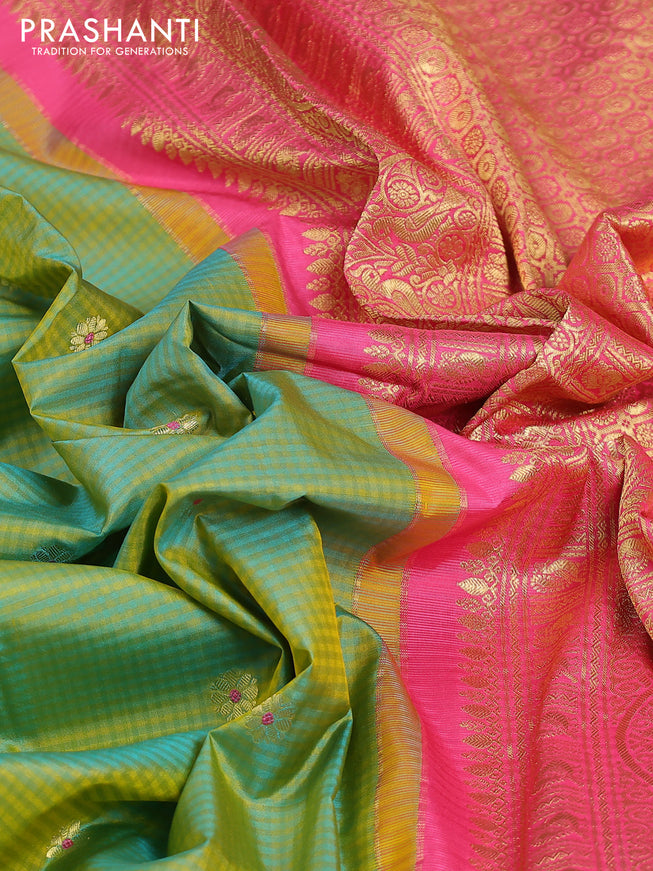 Pure gadwal silk saree light green and peach pink with allover small checked pattern & zari buttas and annam zari woven border