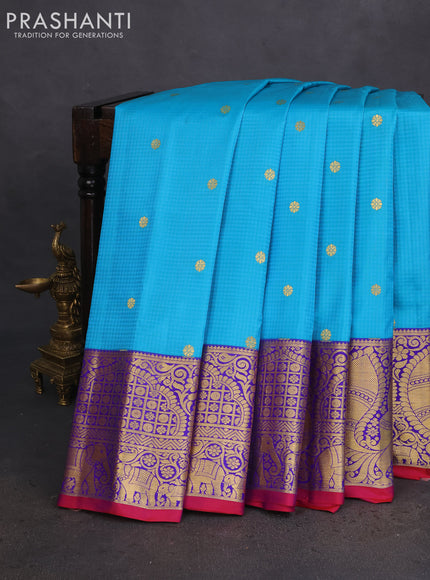 Pure gadwal silk saree cs blue and violet with zari woven buttas and annam zari woven border