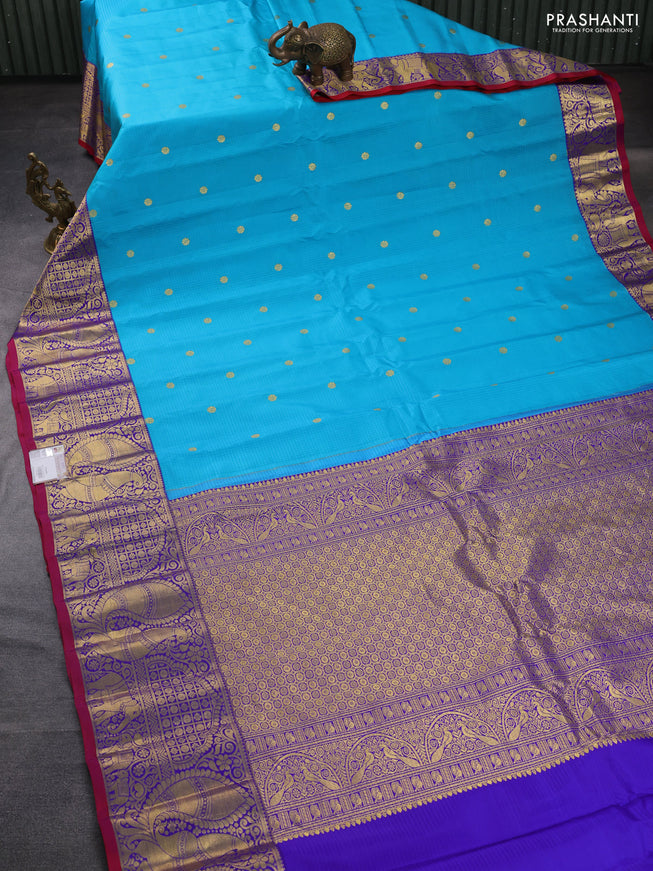 Pure gadwal silk saree cs blue and violet with zari woven buttas and annam zari woven border