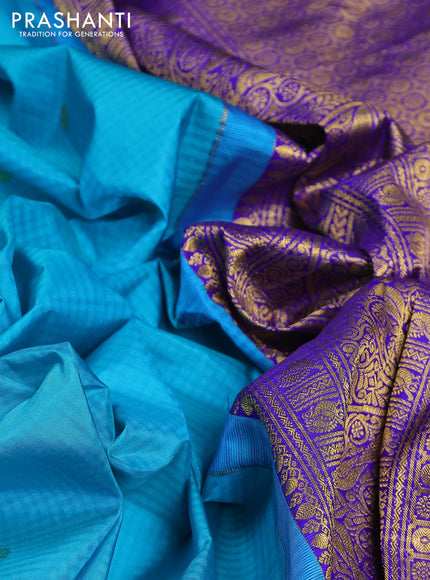 Pure gadwal silk saree cs blue and violet with zari woven buttas and annam zari woven border