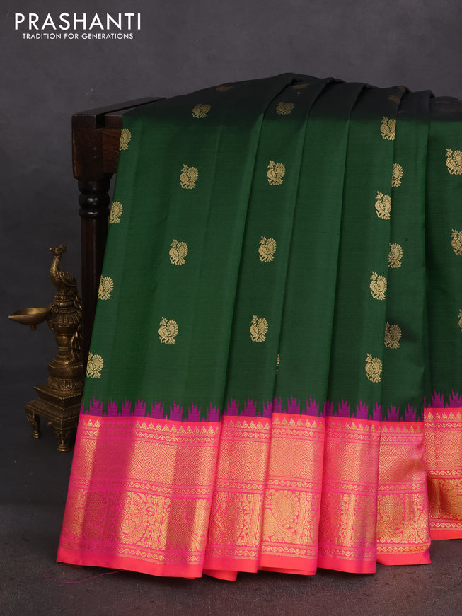 Pure gadwal silk saree green and dual shade of pinkish orange with zari woven buttas and temple design zari woven border