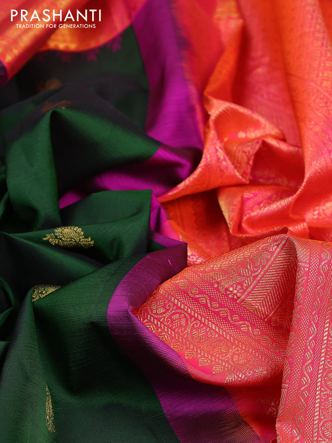 Pure gadwal silk saree green and dual shade of pinkish orange with zari woven buttas and temple design zari woven border