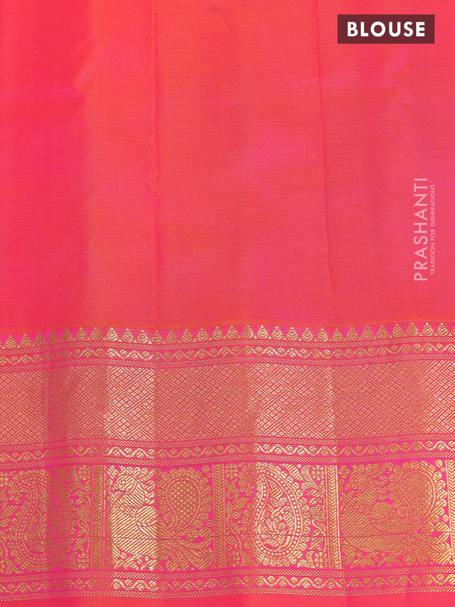 Pure gadwal silk saree green and dual shade of pinkish orange with zari woven buttas and temple design zari woven border