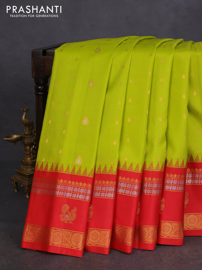 Pure gadwal silk saree lime green and red with zari woven buttas and temple design zari woven border