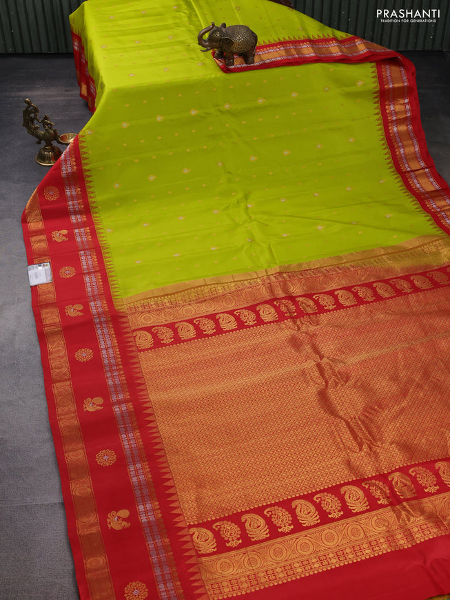 Pure gadwal silk saree lime green and red with zari woven buttas and temple design zari woven border