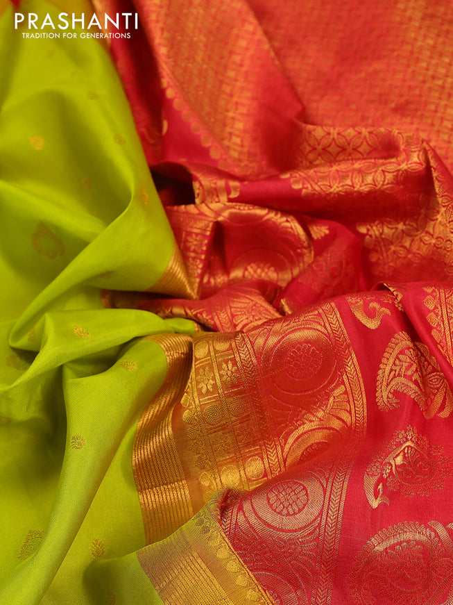 Pure gadwal silk saree lime green and red with zari woven buttas and temple design zari woven border