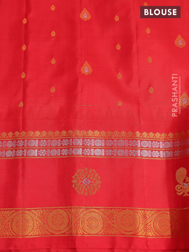 Pure gadwal silk saree lime green and red with zari woven buttas and temple design zari woven border